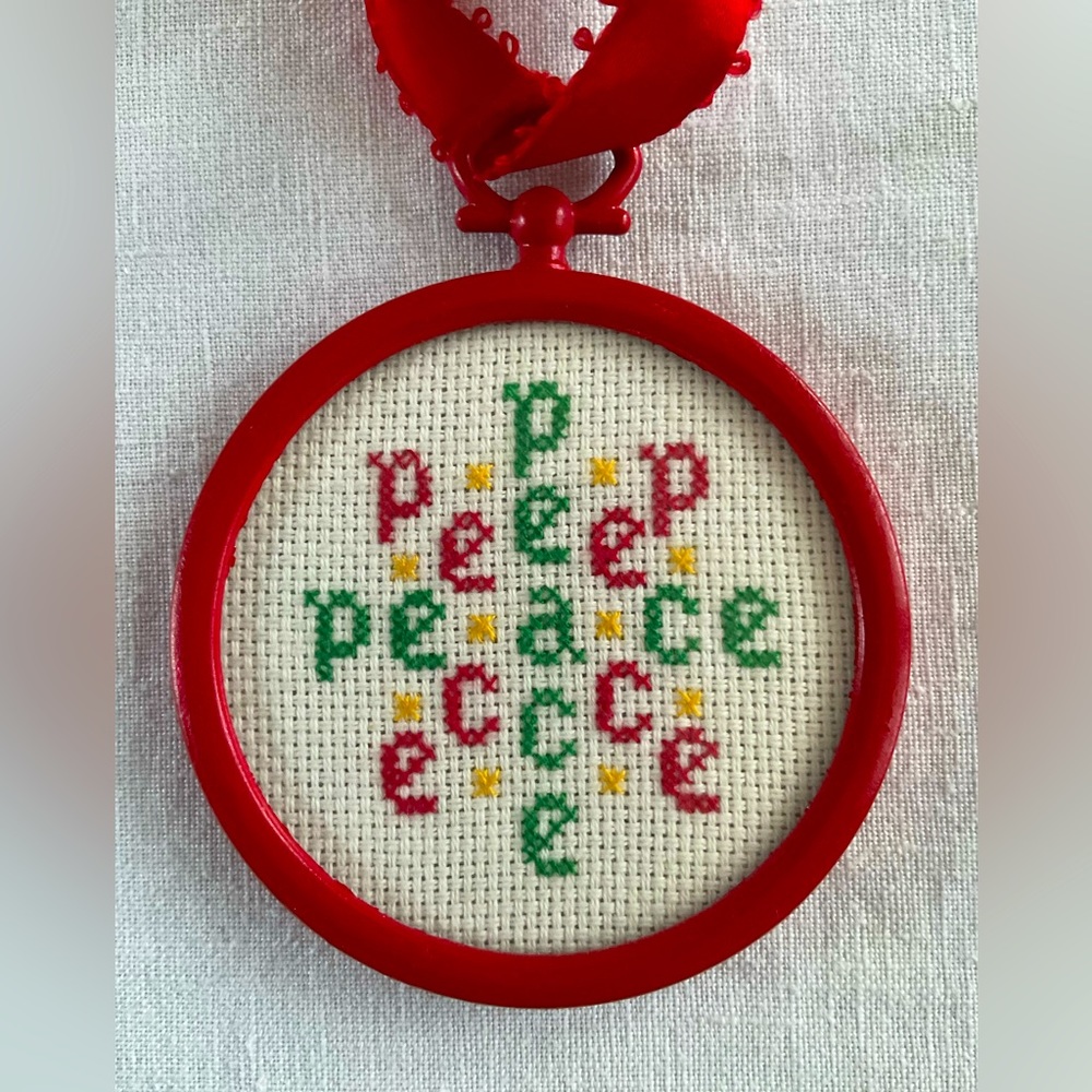 Vintage 1980s Ornament - "Peace" Cross Stitch in Red, Green, and Gold in EVC